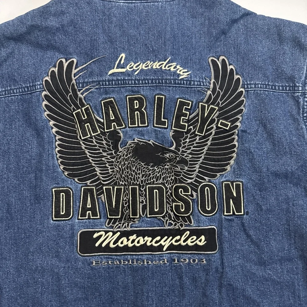 Harley-Davidson Embroidered Eagle Blue Frayed Denim Jean Mens Snap Vest Size X-L